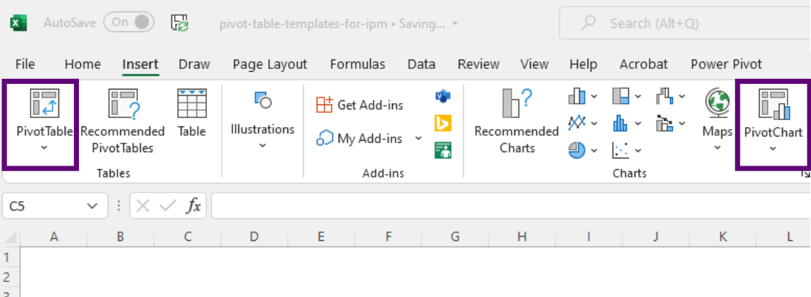 Location of pivot tables and charts in Excel